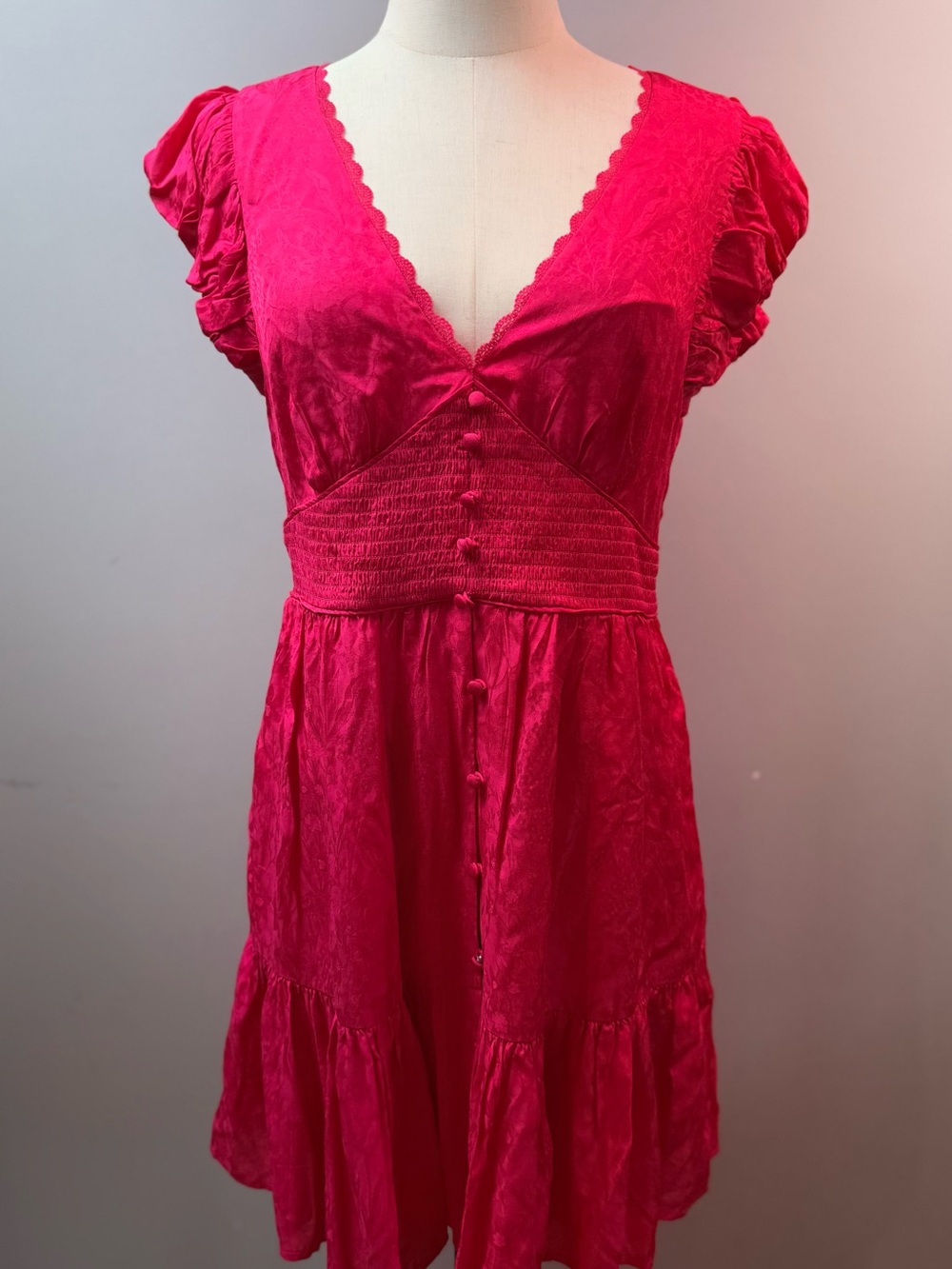 Anthropologie Pink Puff Sleeve Smocked Mini Dress Size M